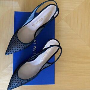 Stuart Weitzman VEA Kitten Heel Slingback Pumps in Black Mesh